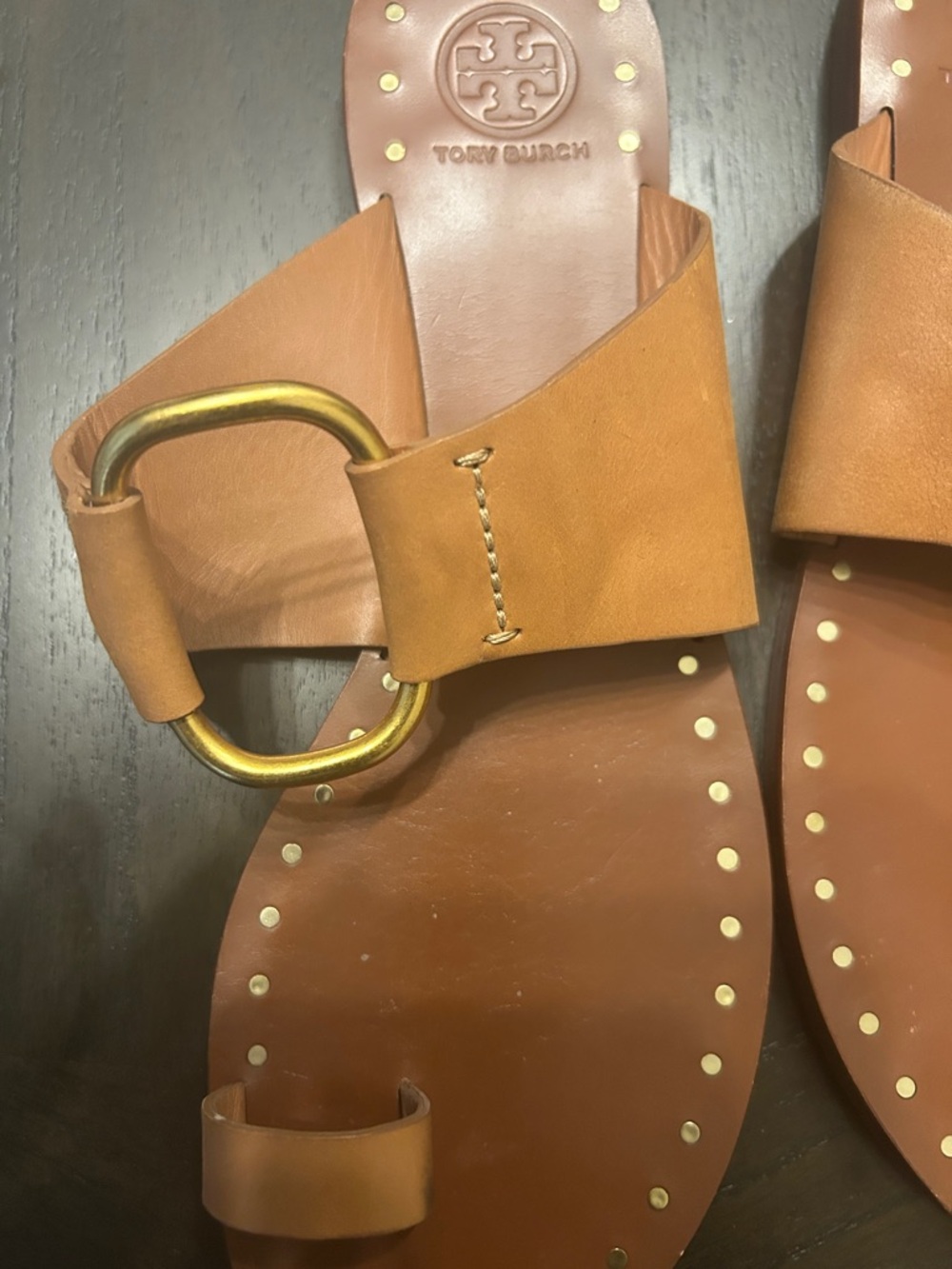 Tory Burch Brown Leather Slide Sandals with Gold Ring Accents - Picture 6 of 6